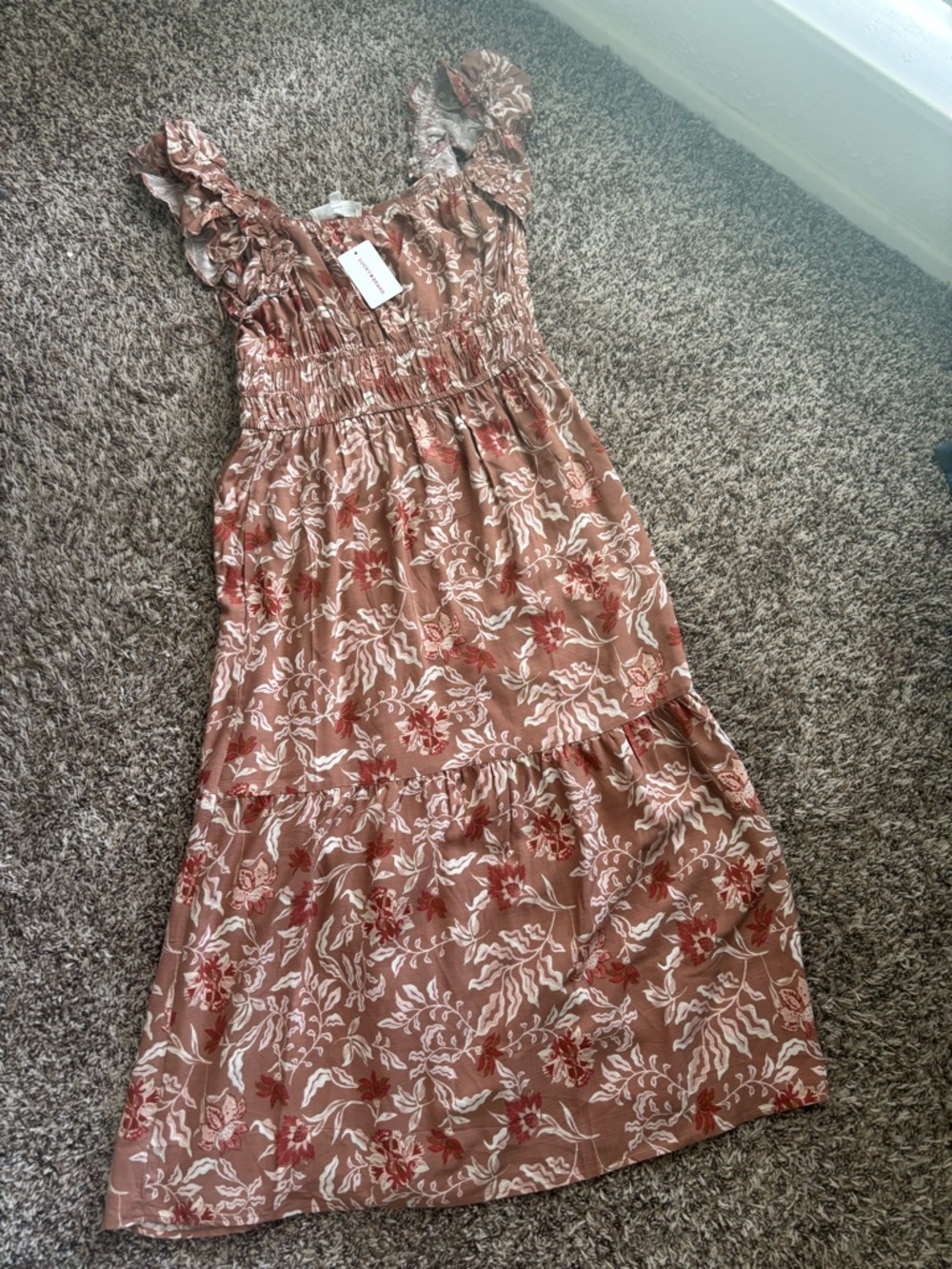 Lucky Brand Brown Floral Smocked Midi Dress